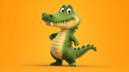 Naklejka premium Cute green crocodile cartoon character with big eyes and friendly smile standing on orange background