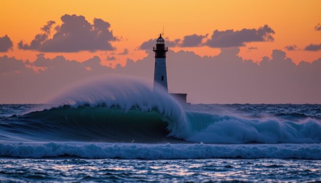 lighthouse standing alone as tsunami wave approaches dramatically silhouetted against orange twilight sky