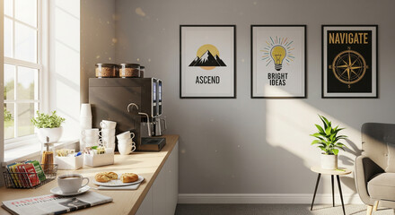 Inspiring office break room with coffee, pastries, and motivational wall art