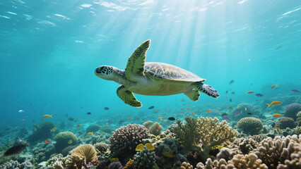 Obraz premium Sunlit underwater scene featuring a turtle and colorful reef ecosystem.