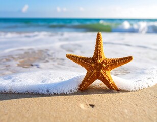 Starfish on sandy beach with ocean wave