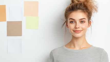 A young woman smiling confidently in front of a wall displaying color swatches, showcasing creativity and inspiration.