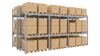 Warehouse storage racks stacked with cardboard boxes ready for shipping and logistics, efficient inventory management