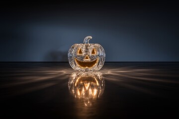 Glowing glass jack o lantern casting light rays. Halloween decoration for celebration with scary face reflection. Spooky holiday background.
