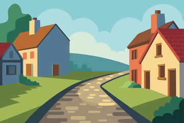 Naklejka premium Cobblestone street in countryside village landscape