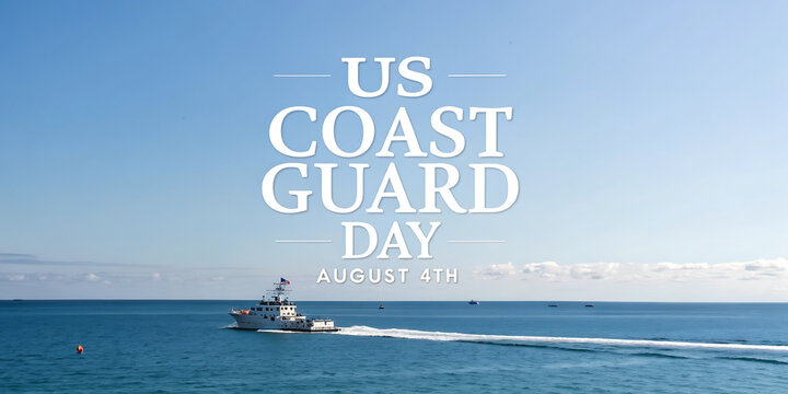 Us coast guard day celebration with a cutter sailing on the ocean under a clear blue sky with text overlay - Powered by Adobe