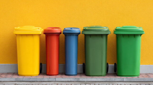 Colorful trash bins lined up against a bright yellow wall, representing waste management and recycling principles in urban settings.