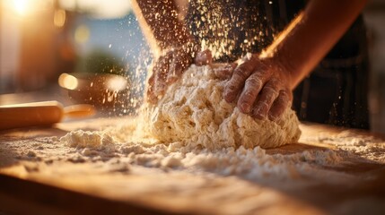 Fototapeta premium Hands kneading dough, flour showering.