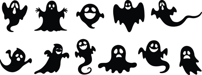 set of cute ghost creation kit changeable face flat design vector for halloween