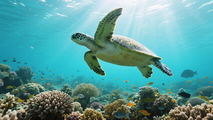 Close-up of sea turtle swimming above healthy reef in tropical water.