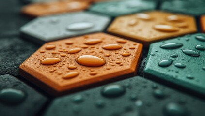 Close-up of wet, colorful hexagonal tiles