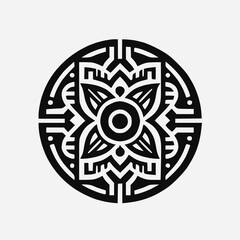 Modern black and white mandala, bold and minimal design solid shapes only, centered on plain white background