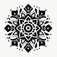 Modern black and white mandala, bold and minimal design, solid shapes only,centered on plain white background