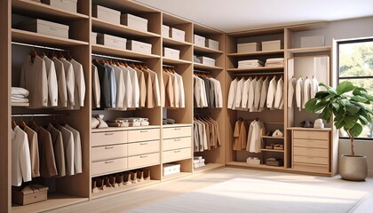 Spacious walk-in closet with light wood shelving, drawers, and clothing neatly organized
