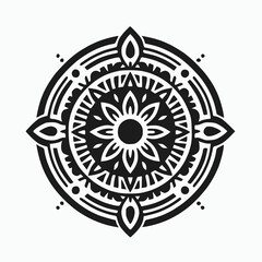 Simple black and white mandala with bold lines, circular shape,solid black on white background