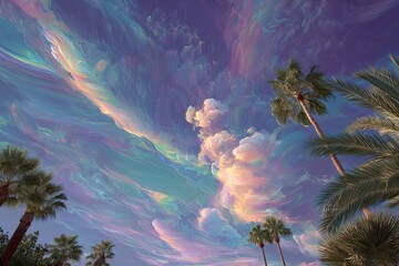 Dreamy iridescent cloudscape above palm trees, desert oasis, sunset, surreal art, wallpaper