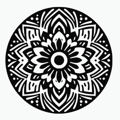 Simple black and white mandala with bold lines, circular shape, solid black on white background