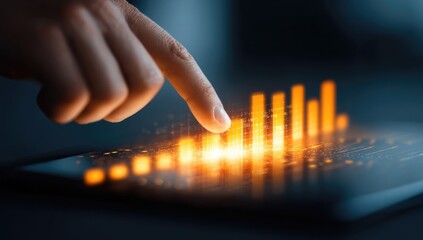 Hand touches glowing bar graph on tablet