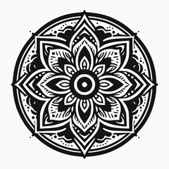 Simple black and white mandala with bold lines, clean circular shape, centered on white background,no outer dots or extra marks