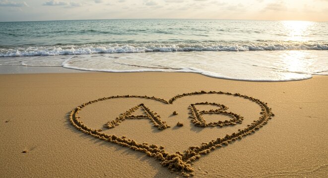 Heart-shaped initials in sand on beach