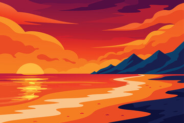 Scenic beach at sunset with waves crashing