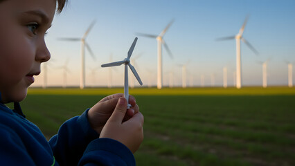 Close-up of a boy in awe while holding a toy wind turbine, learning about clean energy and the future.