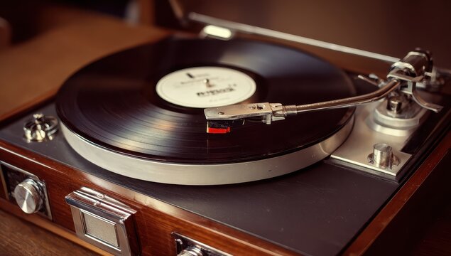 Vinyl record plays on a turntable; warm background lighting for music promotion use