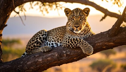 A leopard rests comfortably on a tree branch, gazing directly at the viewer against a warm, blurred background of the African savanna.