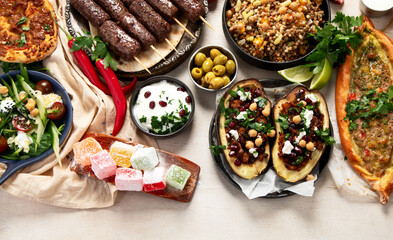 Assorted Turkish food and meze, tasty and healthy Mediterranean cuisine.