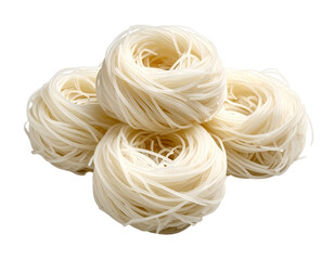 Multiple bundles of rice noodles in nest form, arranged on clean white background.