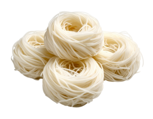 Multiple bundles of rice noodles in nest form, arranged on clean white background.