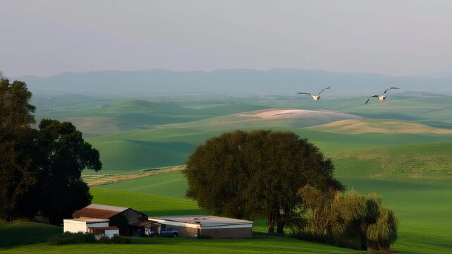 Aerial view of rolling hills and farmland in steptoe butte state park, palouse region, washington state, usa &ndash; scenic countryside landscape with layered terrain