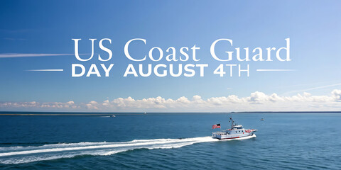 Us coast guard day august 4th celebration with a boat on the ocean under a clear blue sky with clouds and a white text overlay