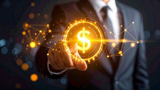 Digital Finance: Man touching glowing dollar sign, representing modern transactions.