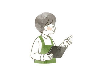 指差し確認をするエプロンを着用した男性-水彩