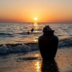 sunset on the sea, Woman stands on beach holding black ceramic urn with small plant. Serene beach scene with ocean waves, light blue sky. Peaceful memorial ritual with cremation ashes. Mourning, grief