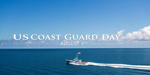 Us coast guard day august 4th celebration with a speeding boat on the ocean under a clear blue sky with white clouds