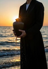 man on the beach, Woman stands on beach holding black ceramic urn with small plant. Serene beach scene with ocean waves, light blue sky. Peaceful memorial ritual with cremation ashes. Mourning, grief 
