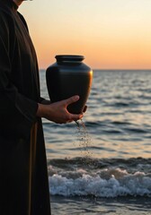 man in the sea at sunset, Woman stands on beach holding black ceramic urn with small plant. Serene beach scene with ocean waves, light blue sky. Peaceful memorial ritual with cremation ashes. Mourning