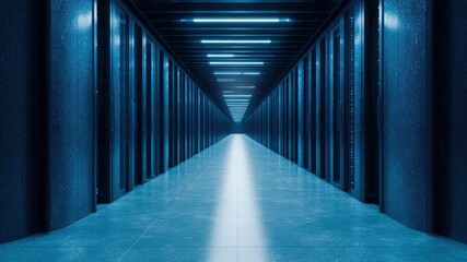 Futuristic data center showcasing zero trust architecture in 5G technology with sleek blue lighting and long corridor of servers