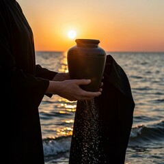 young woman drinking water at sunset, Woman stands on beach holding black ceramic urn with small plant. Serene beach scene with ocean waves, light blue sky. Peaceful memorial ritual with cremation ash