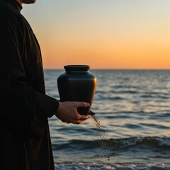 man drinking coffee at sunset, Woman stands on beach holding black ceramic urn with small plant. Serene beach scene with ocean waves, light blue sky. Peaceful memorial ritual with cremation ashes. Mou