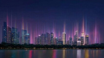 Obraz premium Vibrant city skyline illuminated night showcases stunning architecture and colorful lights reflecting water, embodying zero trust architecture 5G