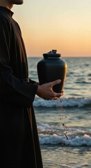 man on the beach at sunset, Woman stands on beach holding black ceramic urn with small plant. Serene beach scene with ocean waves, light blue sky. Peaceful memorial ritual with cremation ashes. Mourni