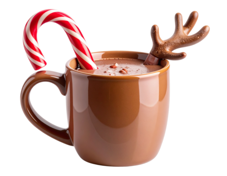  Hot Chocolate in Festive Reindeer Mug with Candy Cane Stirrer, Holiday Theme, Isolated PNG