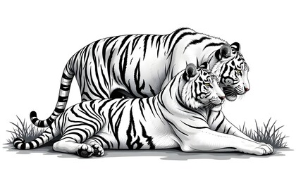 A black and white vector illustration of two tigers.
