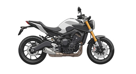 Grey and Black Motorcycle in Side View Isolated on White Background