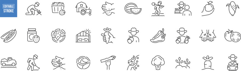 Farming and Agriculture Vector Icons – Farm Tools, Harvest, Crops, Tractor, Organic Farming, Eco Agriculture, Nature Farming, Cultivation, Farming Equipment

