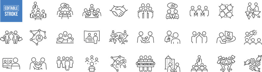 Business Teamwork and Office Collaboration Icon Set – Meetings, Brainstorming, Coworkers, Group Work, Productivity, Corporate Environment

