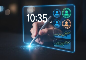 Vector art of person interacting with a futuristic tablet interface